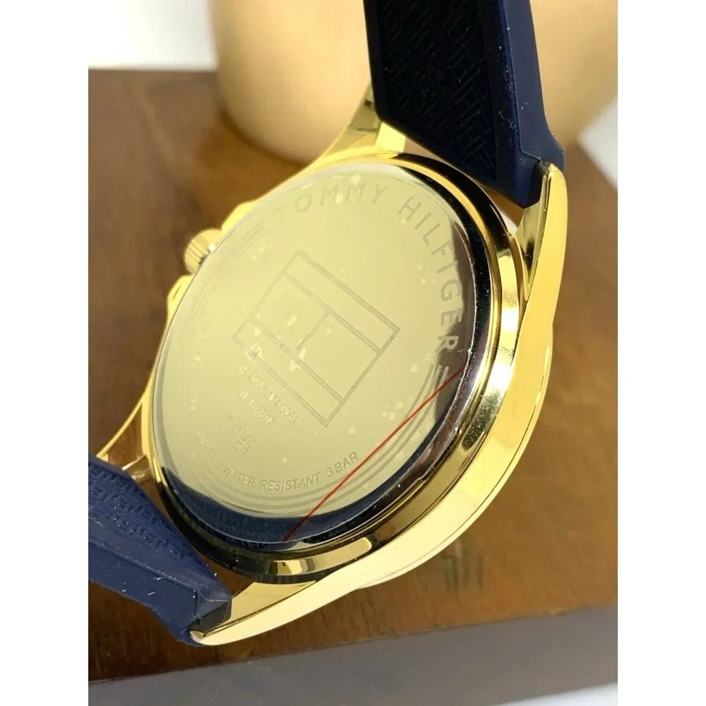 Tommy Hilfiger Men's Watch 1791868 Quartz Gold Blue Dial Rubber Strap 44mm
